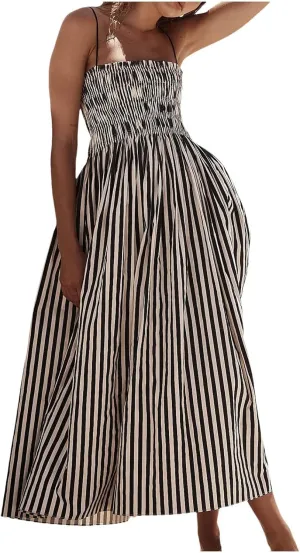 Women Summer Striped Maxi Dresses Spaghetti Strap Cutout Ruffle Long Dress Flowy Swing Beach Vocation Sundress