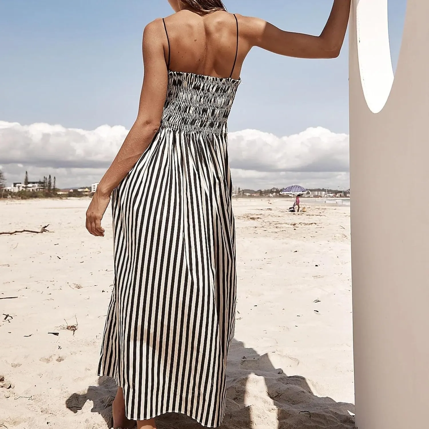 Women Summer Striped Maxi Dresses Spaghetti Strap Cutout Ruffle Long Dress Flowy Swing Beach Vocation Sundress