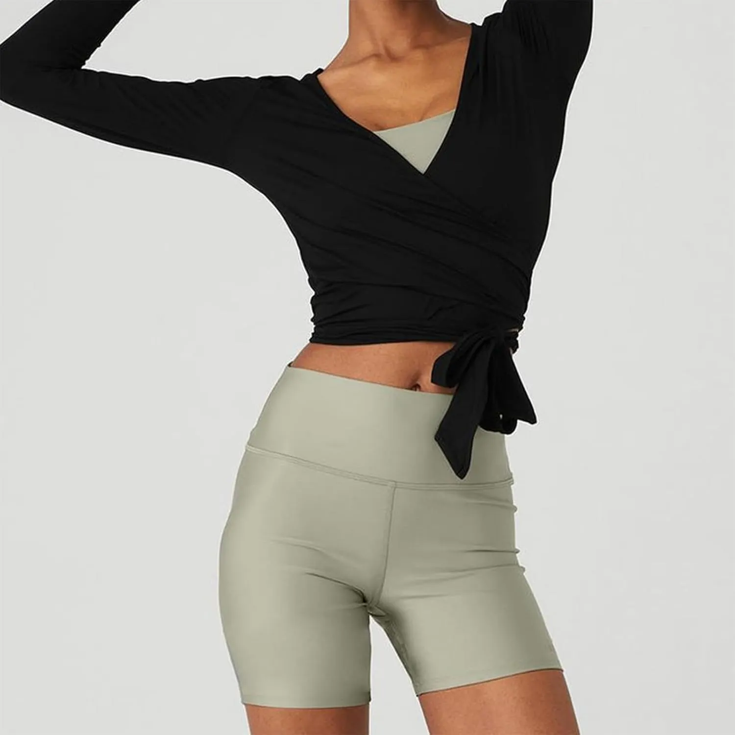 Women Y2K Cross Wrap Tie Crop Top Coquette Long Sleeve Deep V Neck Solid Slim Fit T-Shirt Fairy Yoga Workout Blouse