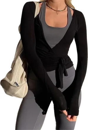 Women Y2K Cross Wrap Tie Crop Top Coquette Long Sleeve Deep V Neck Solid Slim Fit T-Shirt Fairy Yoga Workout Blouse