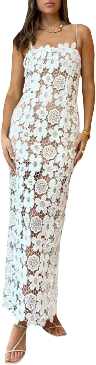 Women Y2k Floral Long Dress Flowers Spaghetti Strap Maxi Dress Backless Bodycon Slip Dress Sundress