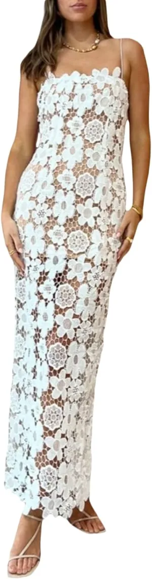 Women Y2k Floral Long Dress Flowers Spaghetti Strap Maxi Dress Backless Bodycon Slip Dress Sundress