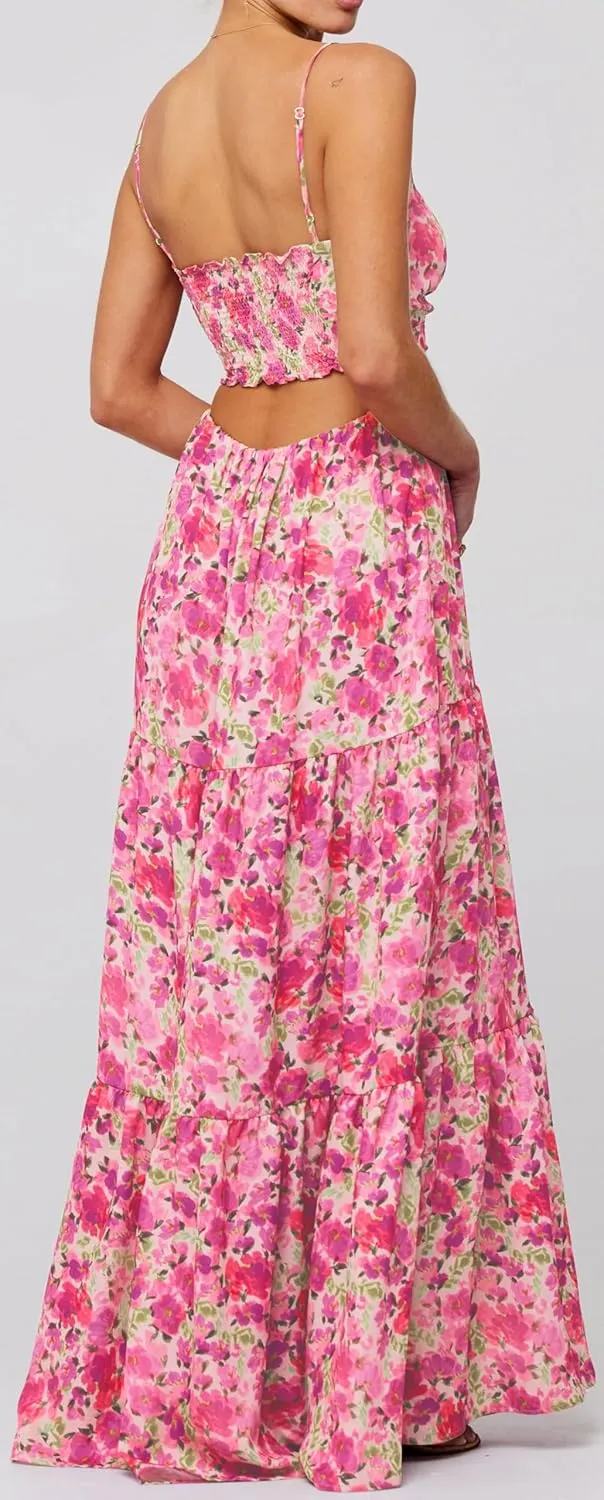 Women Y2k Floral Summer Casual Sleeveless Maxi Dresses Sexy Backless Bodycon Dresses Spaghetti Strap Long Dresses
