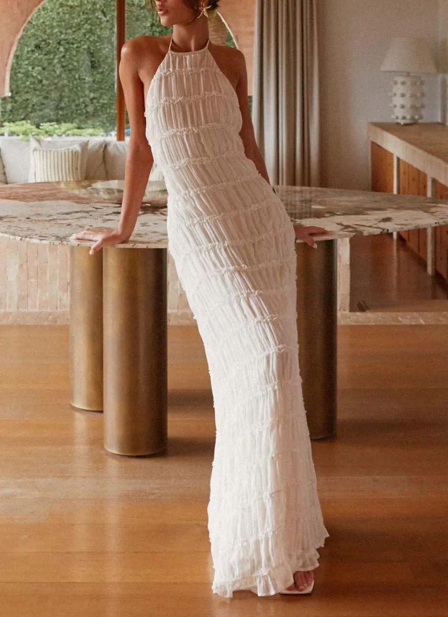 Women's Backless Smocked Maxi Dress Sexy Spaghetti Strap Cut Out Flowy Beach Long Dress Vacation Casual Sundresses