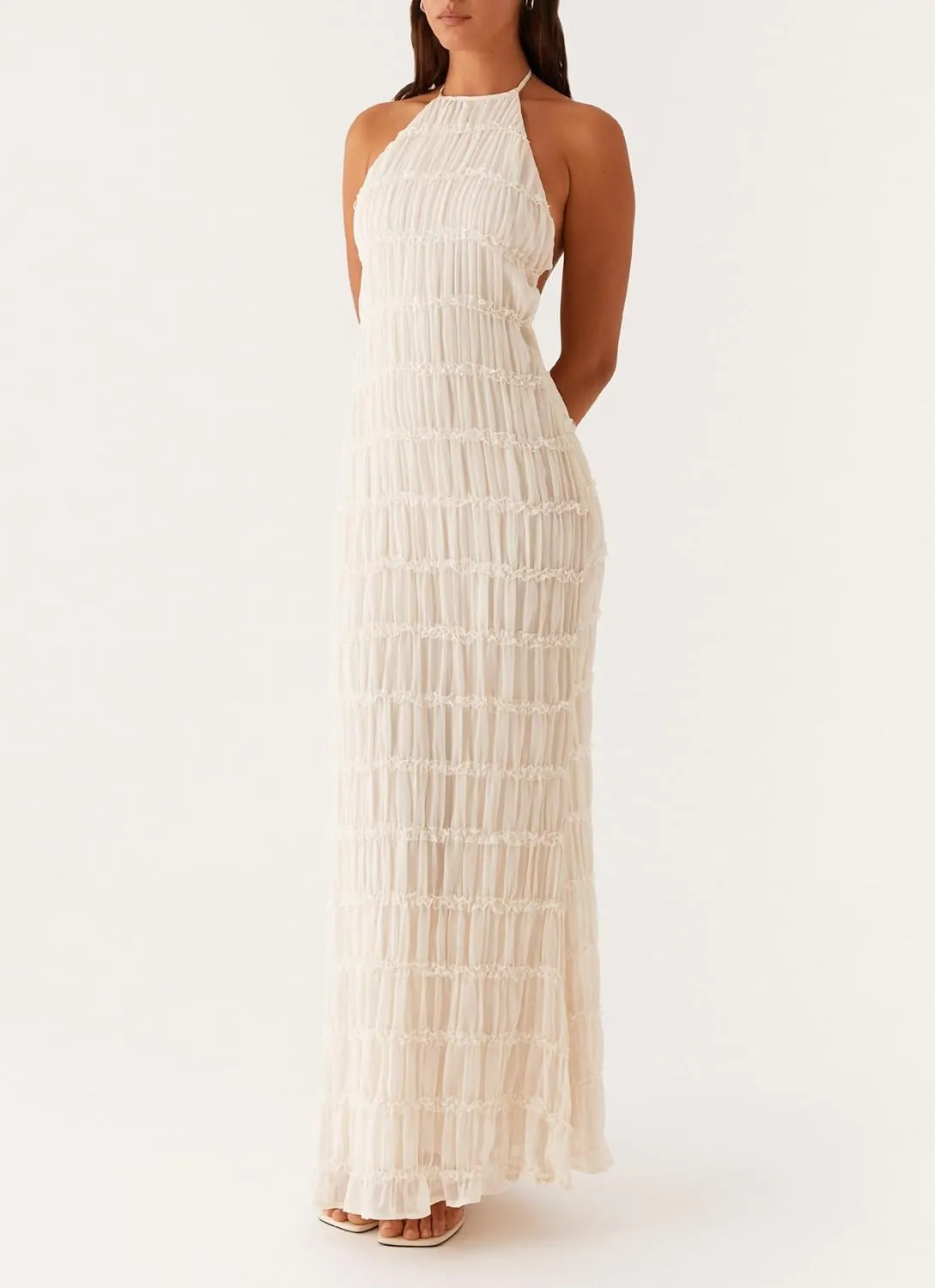 Women's Backless Smocked Maxi Dress Sexy Spaghetti Strap Cut Out Flowy Beach Long Dress Vacation Casual Sundresses