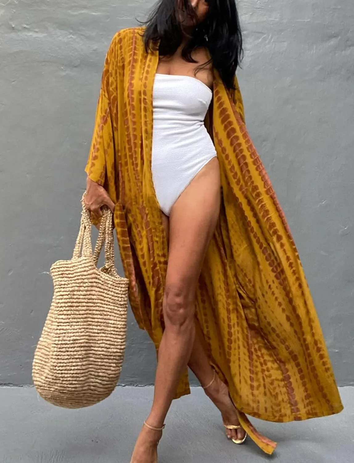 Women's Beach Cover Ups Open Front Tie Dye Maxi Cardigan Kimono Swimsuit with Belts
