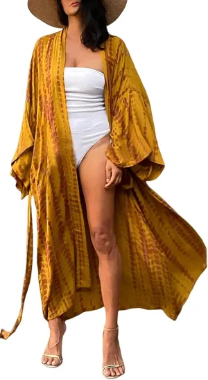 Women's Beach Cover Ups Open Front Tie Dye Maxi Cardigan Kimono Swimsuit with Belts