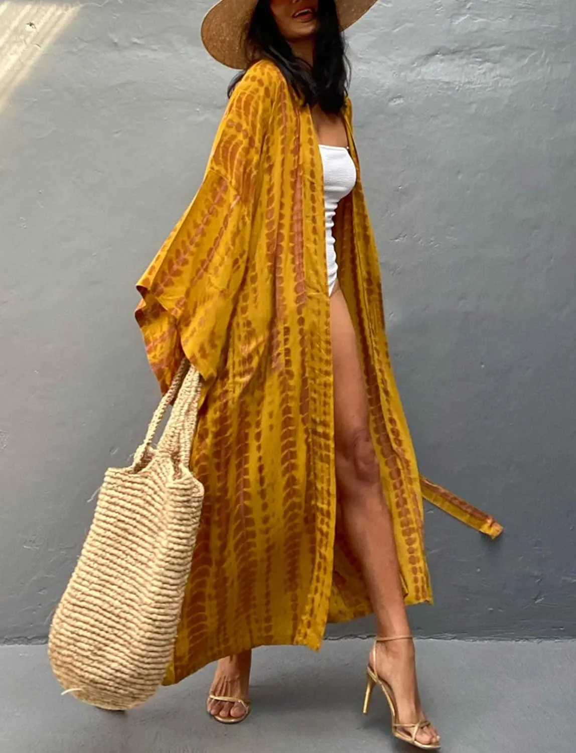 Women's Beach Cover Ups Open Front Tie Dye Maxi Cardigan Kimono Swimsuit with Belts