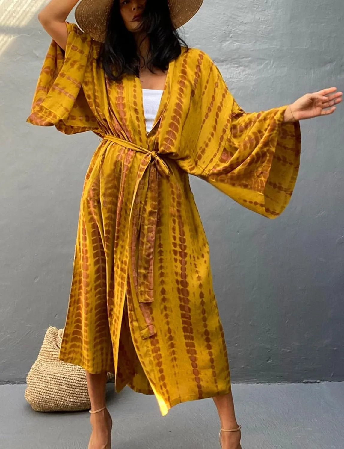 Women's Beach Cover Ups Open Front Tie Dye Maxi Cardigan Kimono Swimsuit with Belts