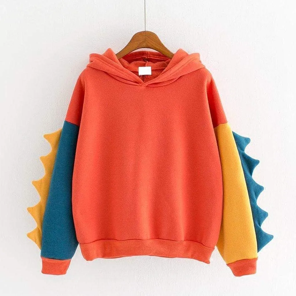 Women's Dinosaur Hoodies Cute Pullover Kawaii Long Sleeve Hooded Sweatshirts Funny Stylish Block Color Casual Fall Tops