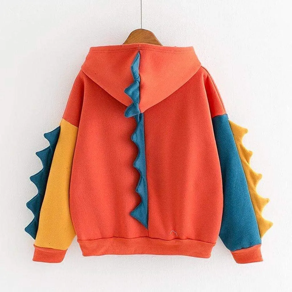 Women's Dinosaur Hoodies Cute Pullover Kawaii Long Sleeve Hooded Sweatshirts Funny Stylish Block Color Casual Fall Tops