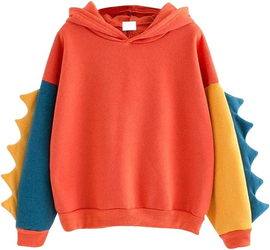 Women's Dinosaur Hoodies Cute Pullover Kawaii Long Sleeve Hooded Sweatshirts Funny Stylish Block Color Casual Fall Tops
