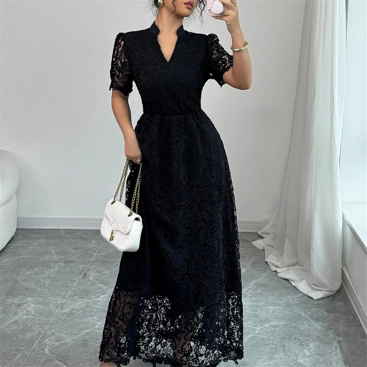 Women's Floral Lace Short Sleeve V Neck Swing Hem Layered Fairy Wedding Bridesmaid Cocktail Maxi Dress