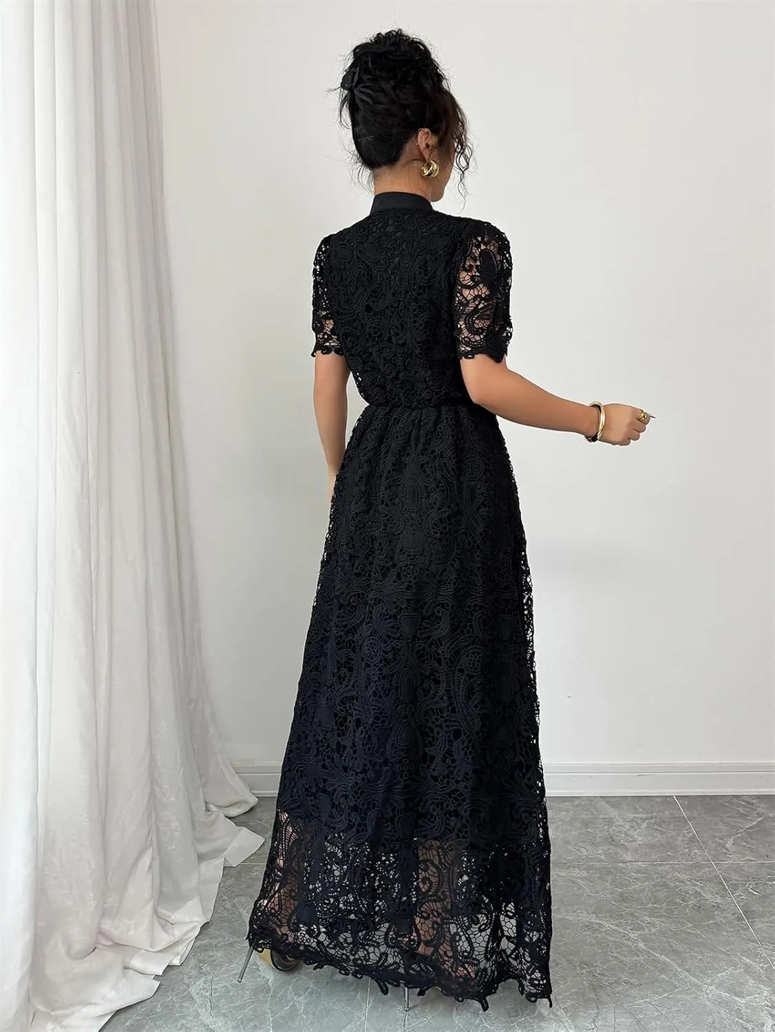 Women's Floral Lace Short Sleeve V Neck Swing Hem Layered Fairy Wedding Bridesmaid Cocktail Maxi Dress