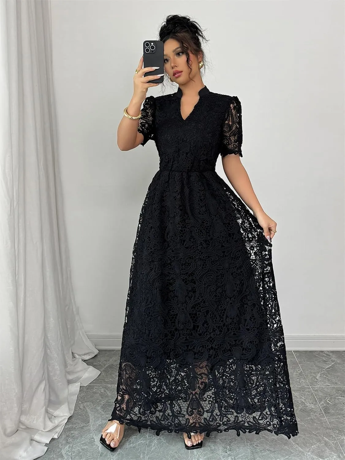Women's Floral Lace Short Sleeve V Neck Swing Hem Layered Fairy Wedding Bridesmaid Cocktail Maxi Dress