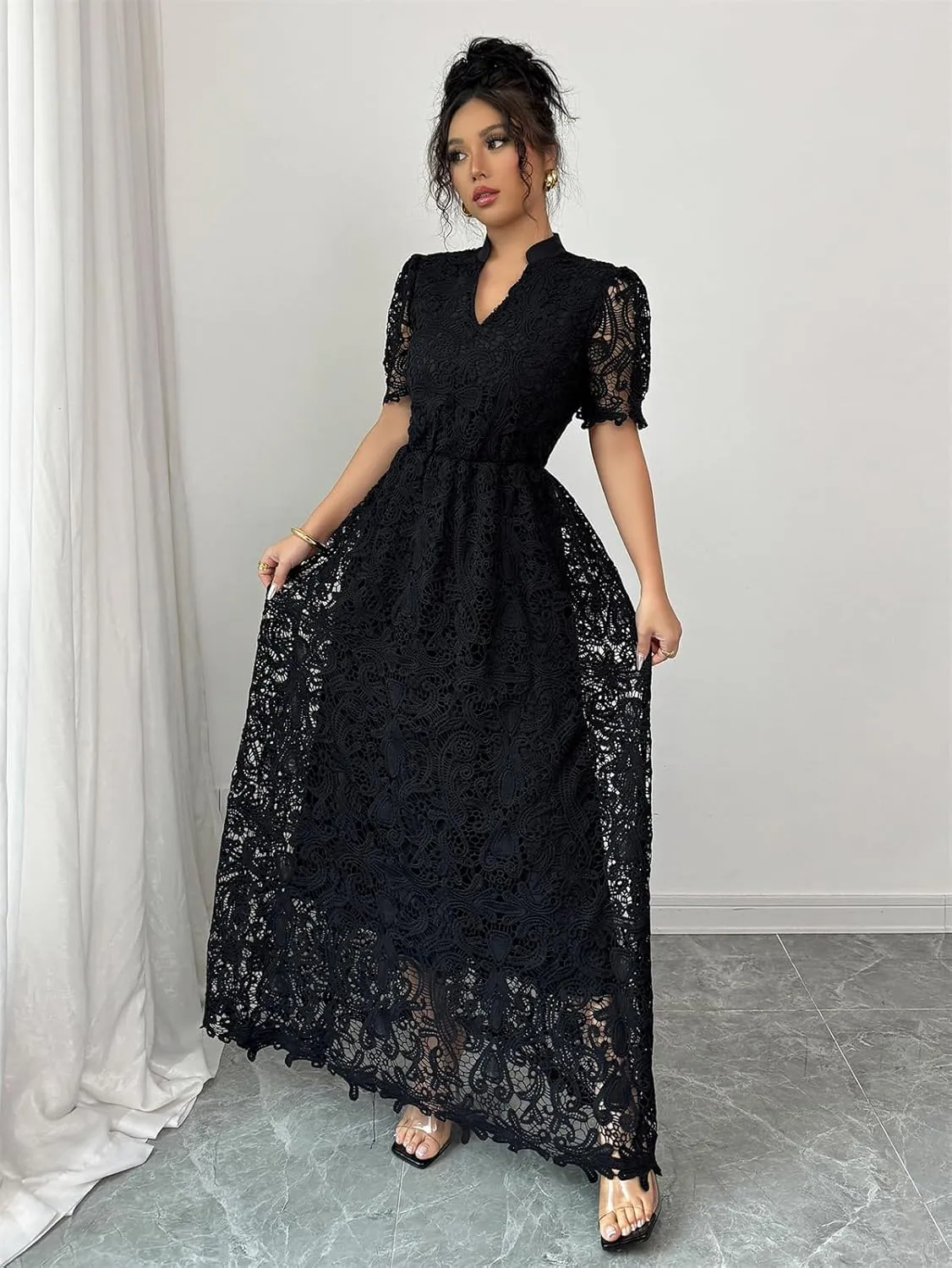 Women's Floral Lace Short Sleeve V Neck Swing Hem Layered Fairy Wedding Bridesmaid Cocktail Maxi Dress