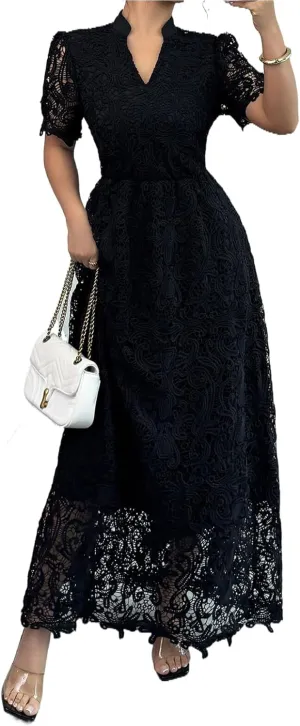 Women's Floral Lace Short Sleeve V Neck Swing Hem Layered Fairy Wedding Bridesmaid Cocktail Maxi Dress