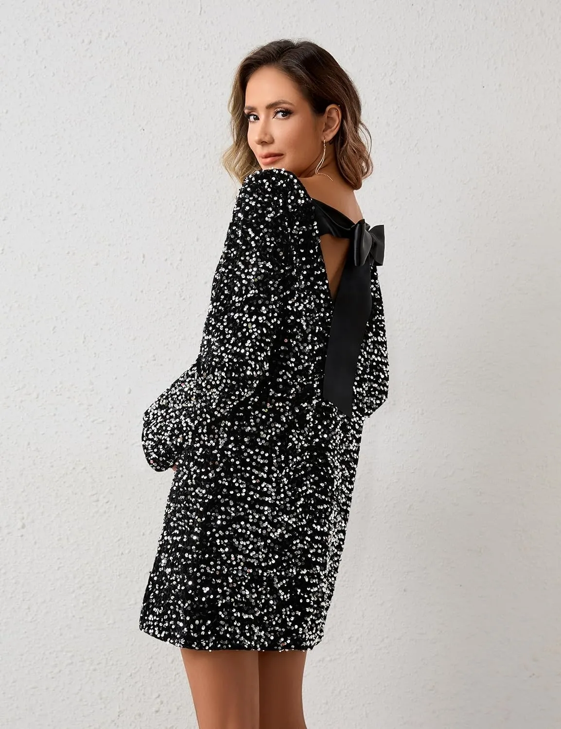 Womens Long Sleeve Sparkly Sequin Mini Dress Backless Bow Tie Short Dress Loose Fit Party Cocktail Glitter Dresses