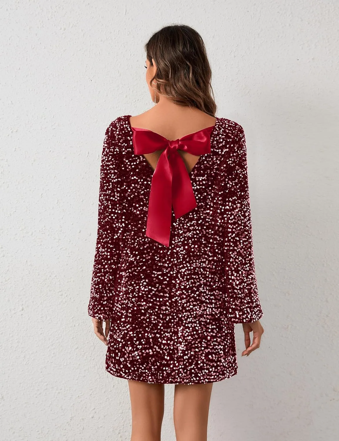 Womens Long Sleeve Sparkly Sequin Mini Dress Backless Bow Tie Short Dress Loose Fit Party Cocktail Glitter Dresses