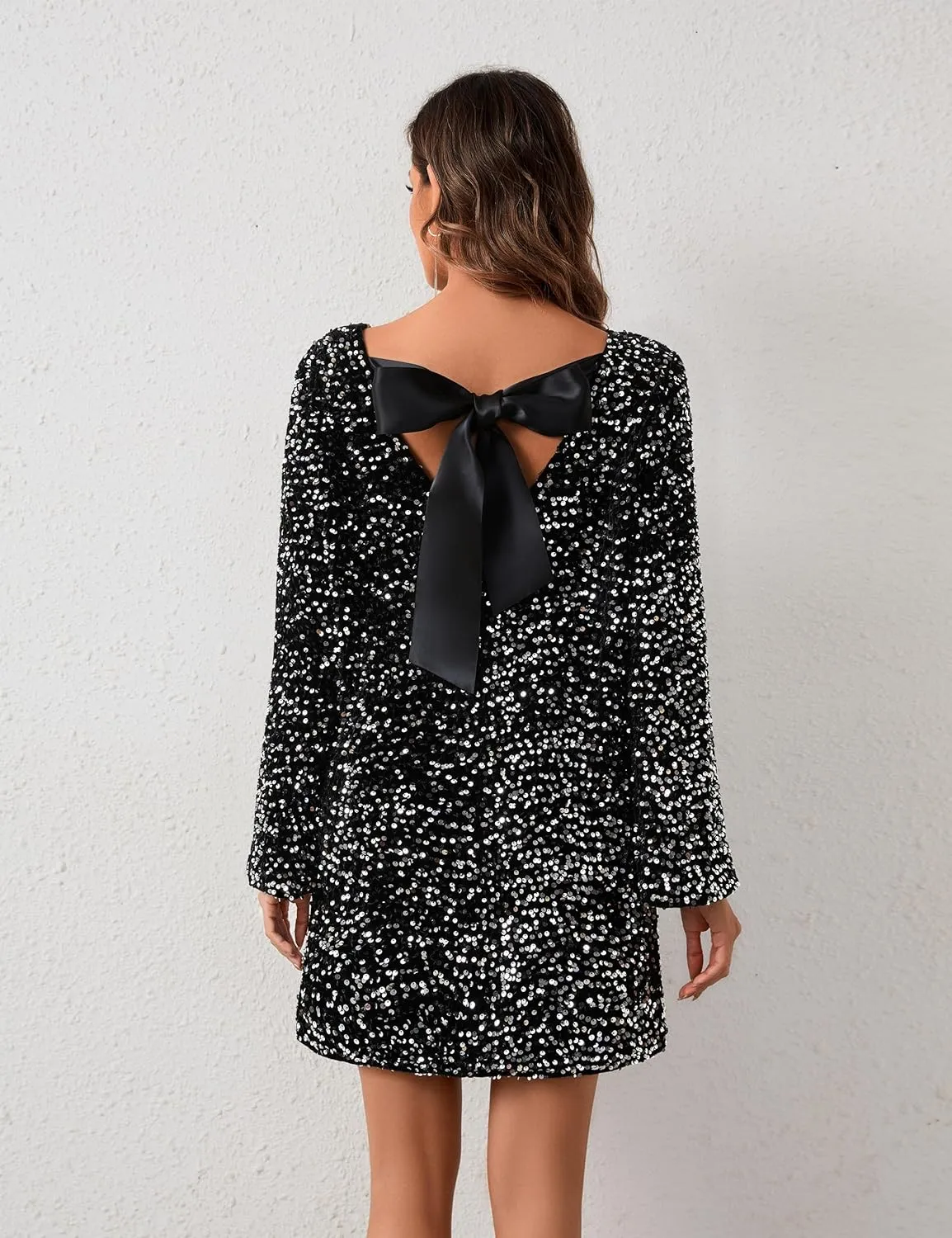 Womens Long Sleeve Sparkly Sequin Mini Dress Backless Bow Tie Short Dress Loose Fit Party Cocktail Glitter Dresses