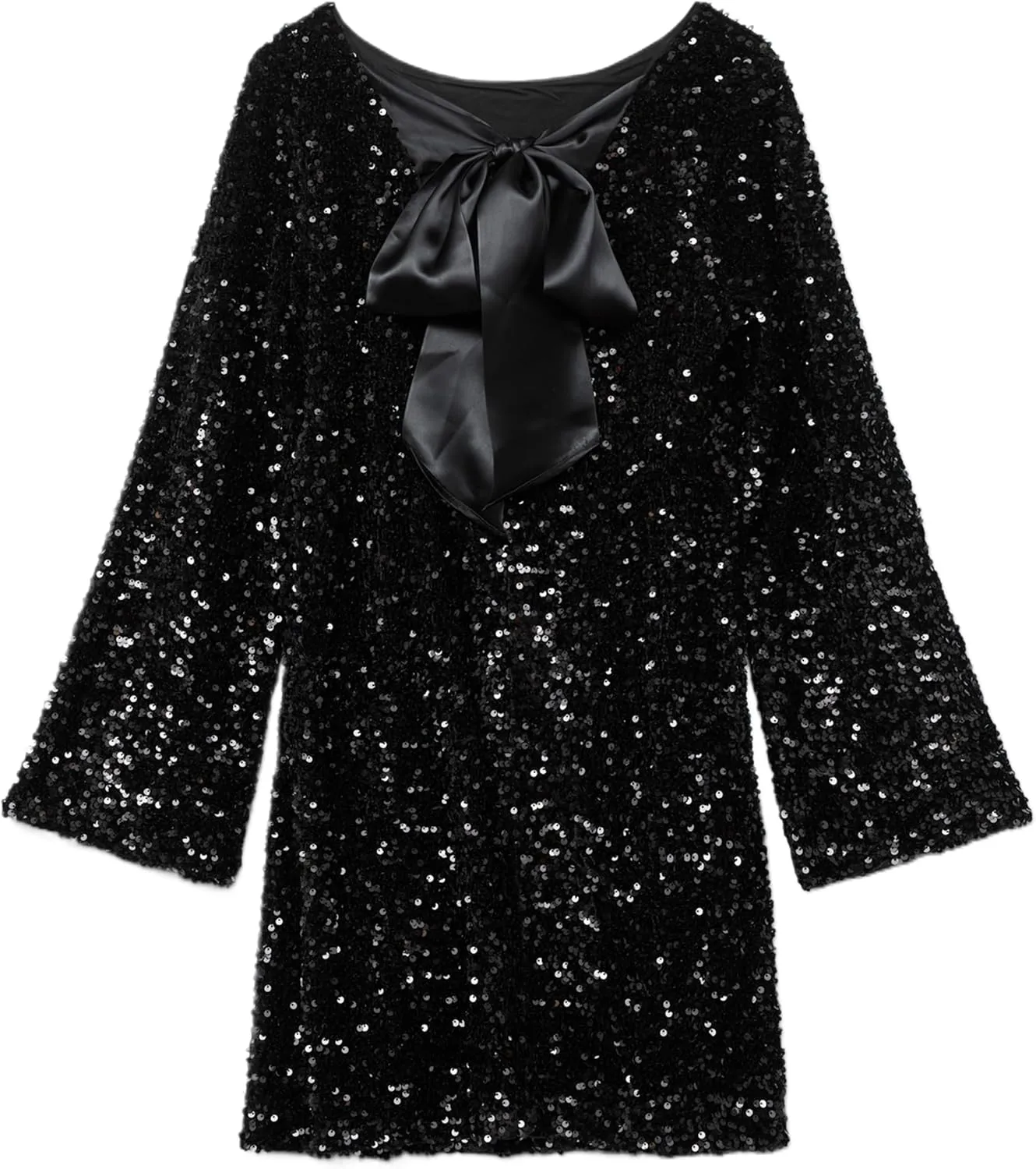 Womens Long Sleeve Sparkly Sequin Mini Dress Backless Bow Tie Short Dress Loose Fit Party Cocktail Glitter Dresses