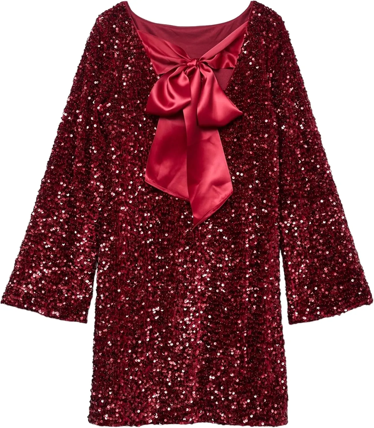 Womens Long Sleeve Sparkly Sequin Mini Dress Backless Bow Tie Short Dress Loose Fit Party Cocktail Glitter Dresses