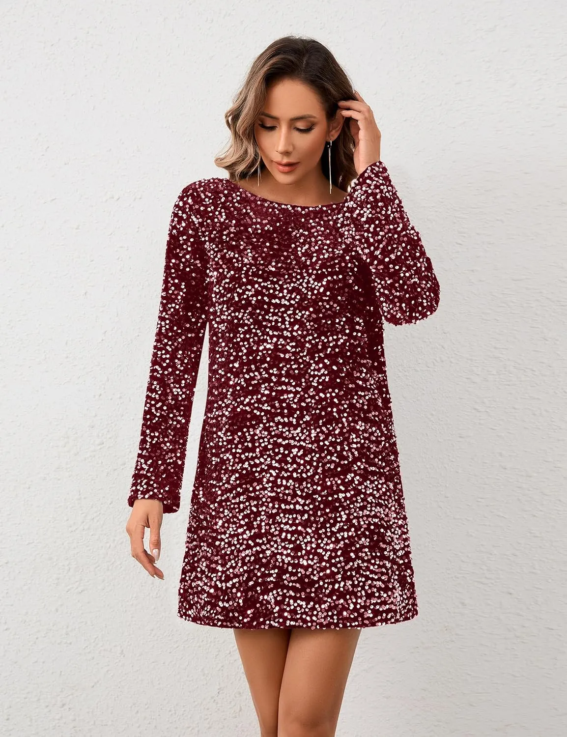Womens Long Sleeve Sparkly Sequin Mini Dress Backless Bow Tie Short Dress Loose Fit Party Cocktail Glitter Dresses