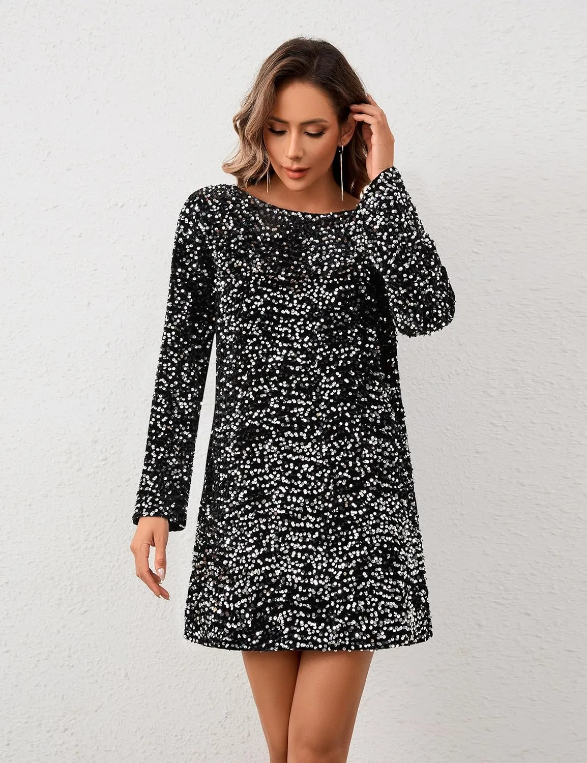 Womens Long Sleeve Sparkly Sequin Mini Dress Backless Bow Tie Short Dress Loose Fit Party Cocktail Glitter Dresses