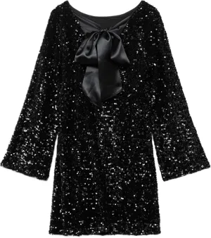 Womens Long Sleeve Sparkly Sequin Mini Dress Backless Bow Tie Short Dress Loose Fit Party Cocktail Glitter Dresses