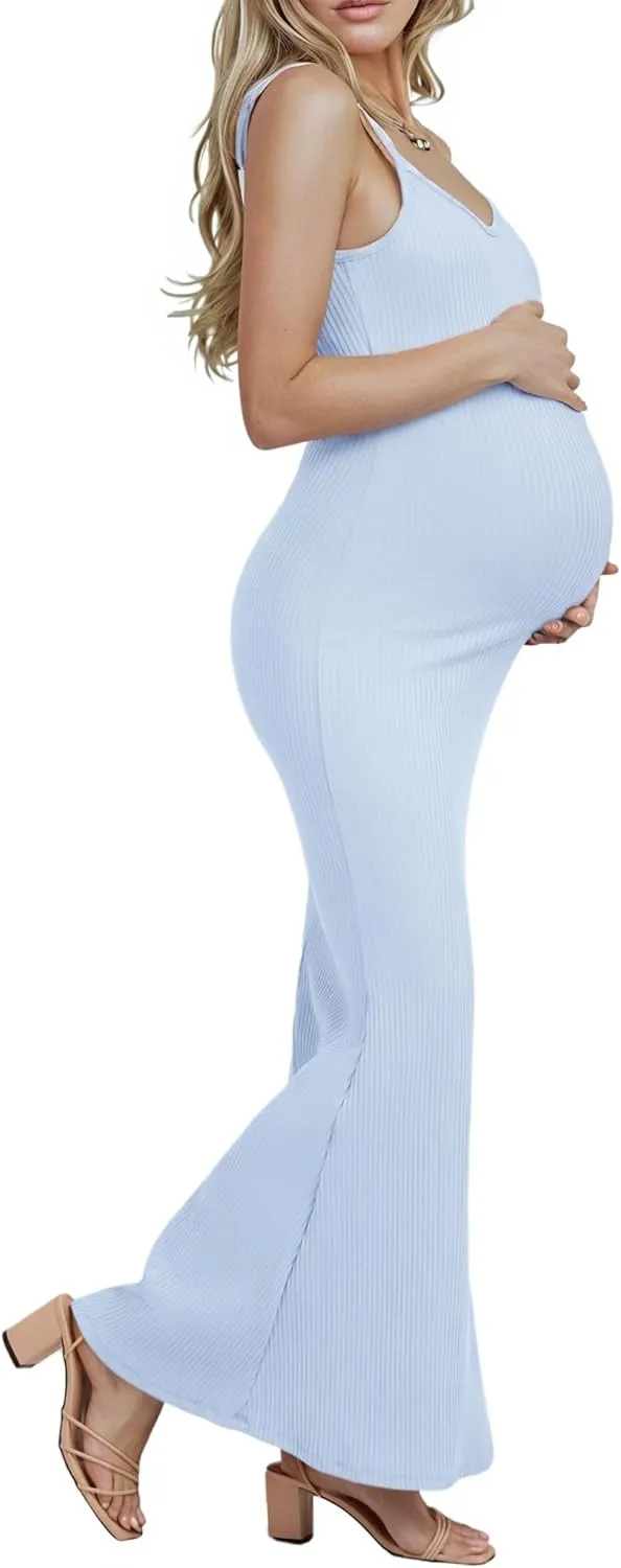 Women's Ribbed Spaghetti Strap Maternity Dress Elegant Slip Sleeveless Bodycon Maxi Pregnancy Dresses