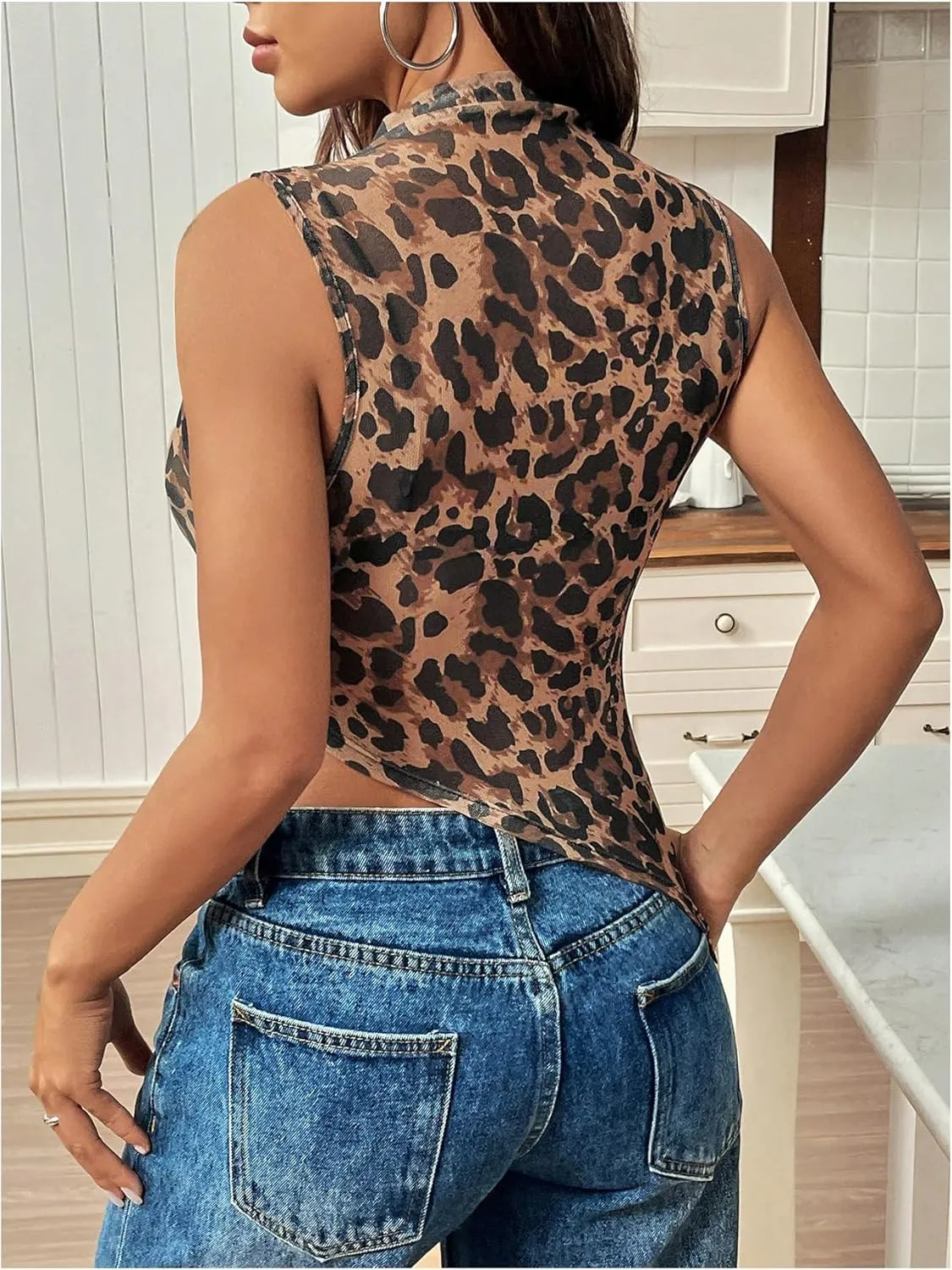 Women's Sheer Mesh Mock Neck Tank Tops Sleeveless Asymmetrical Hem Crop Tops Clubwear