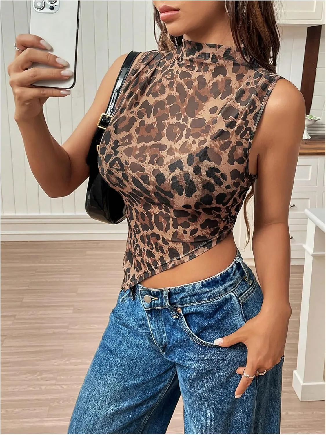 Women's Sheer Mesh Mock Neck Tank Tops Sleeveless Asymmetrical Hem Crop Tops Clubwear