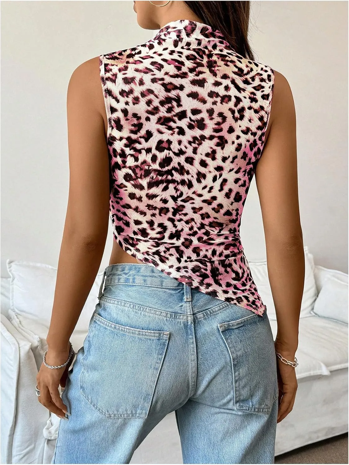 Women's Sheer Mesh Mock Neck Tank Tops Sleeveless Asymmetrical Hem Crop Tops Clubwear