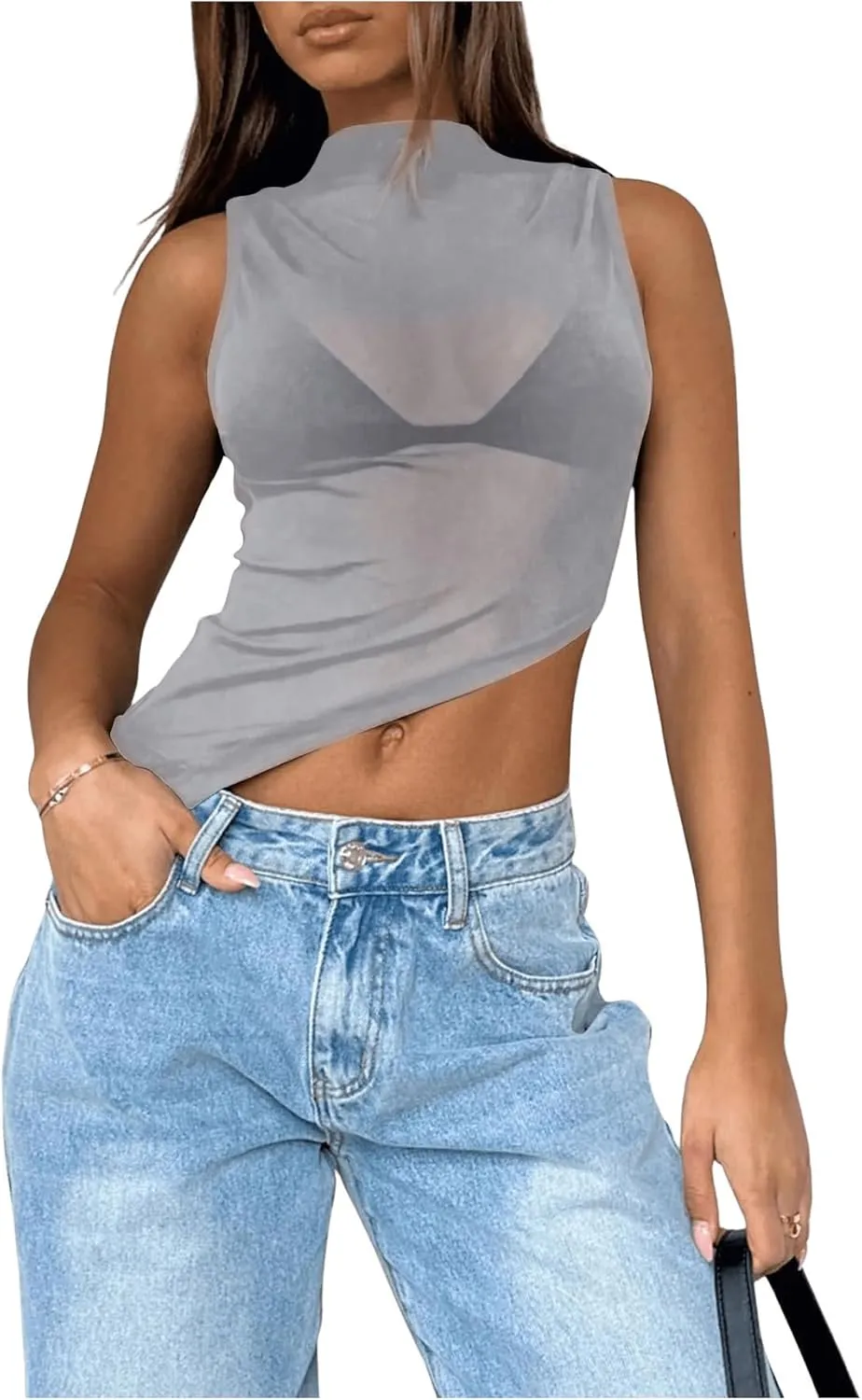 Women's Sheer Mesh Mock Neck Tank Tops Sleeveless Asymmetrical Hem Crop Tops Clubwear