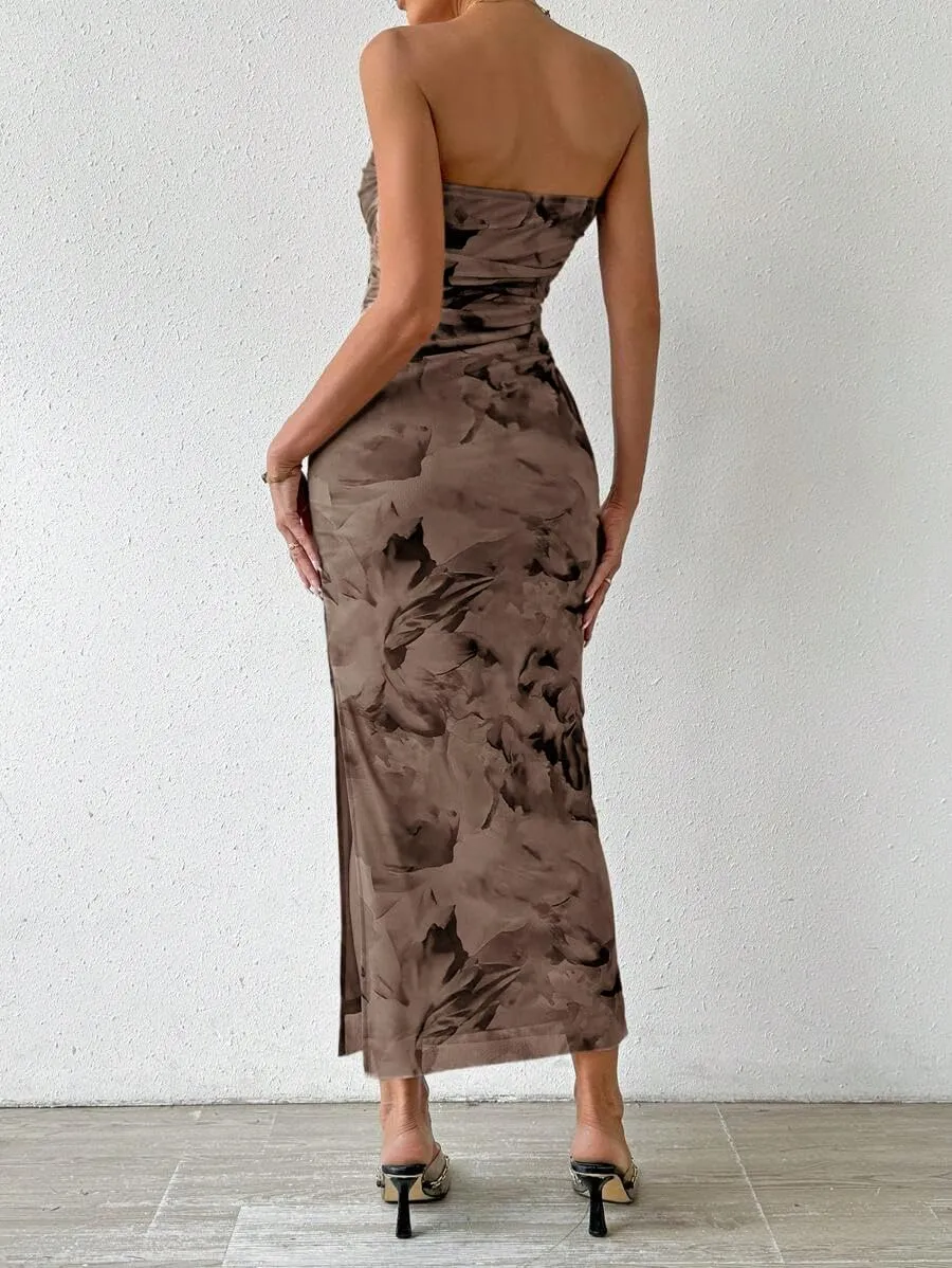 Women's Summer Dress Printed Strapless Tube Bodycon Maxi Side Slit Mesh Layered