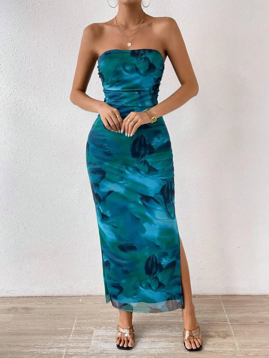 Women's Summer Dress Printed Strapless Tube Bodycon Maxi Side Slit Mesh Layered