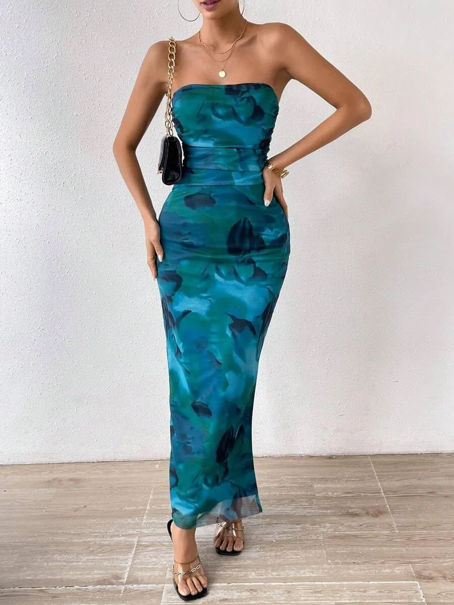 Women's Summer Dress Printed Strapless Tube Bodycon Maxi Side Slit Mesh Layered