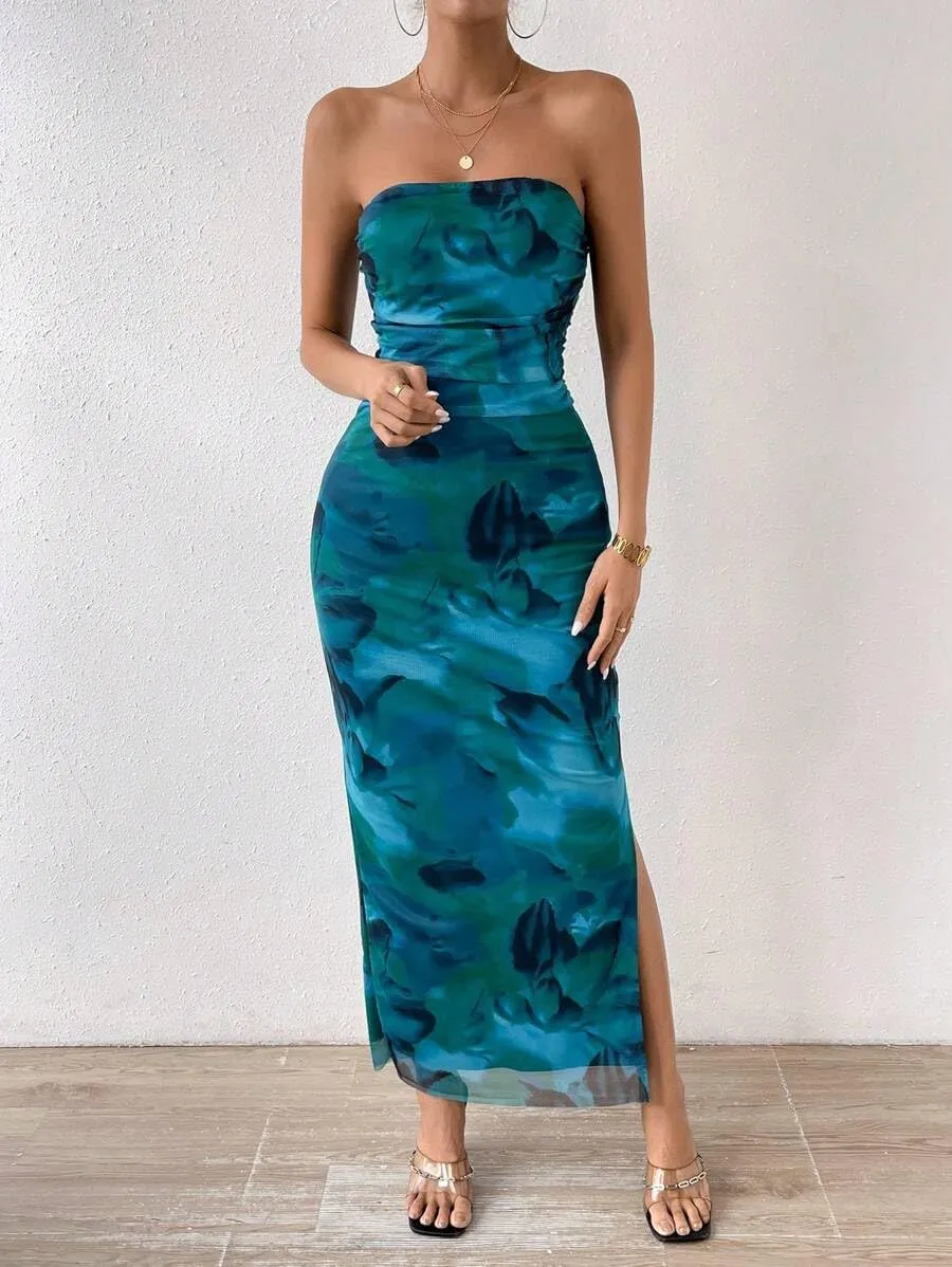 Women's Summer Dress Printed Strapless Tube Bodycon Maxi Side Slit Mesh Layered