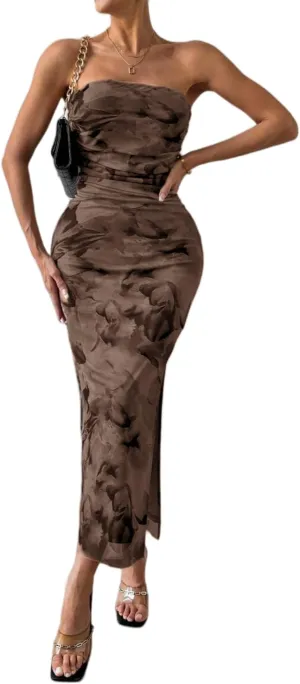 Women's Summer Dress Printed Strapless Tube Bodycon Maxi Side Slit Mesh Layered