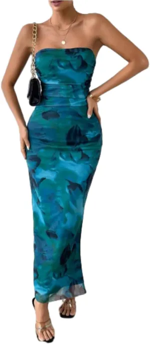 Women's Summer Dress Printed Strapless Tube Bodycon Maxi Side Slit Mesh Layered