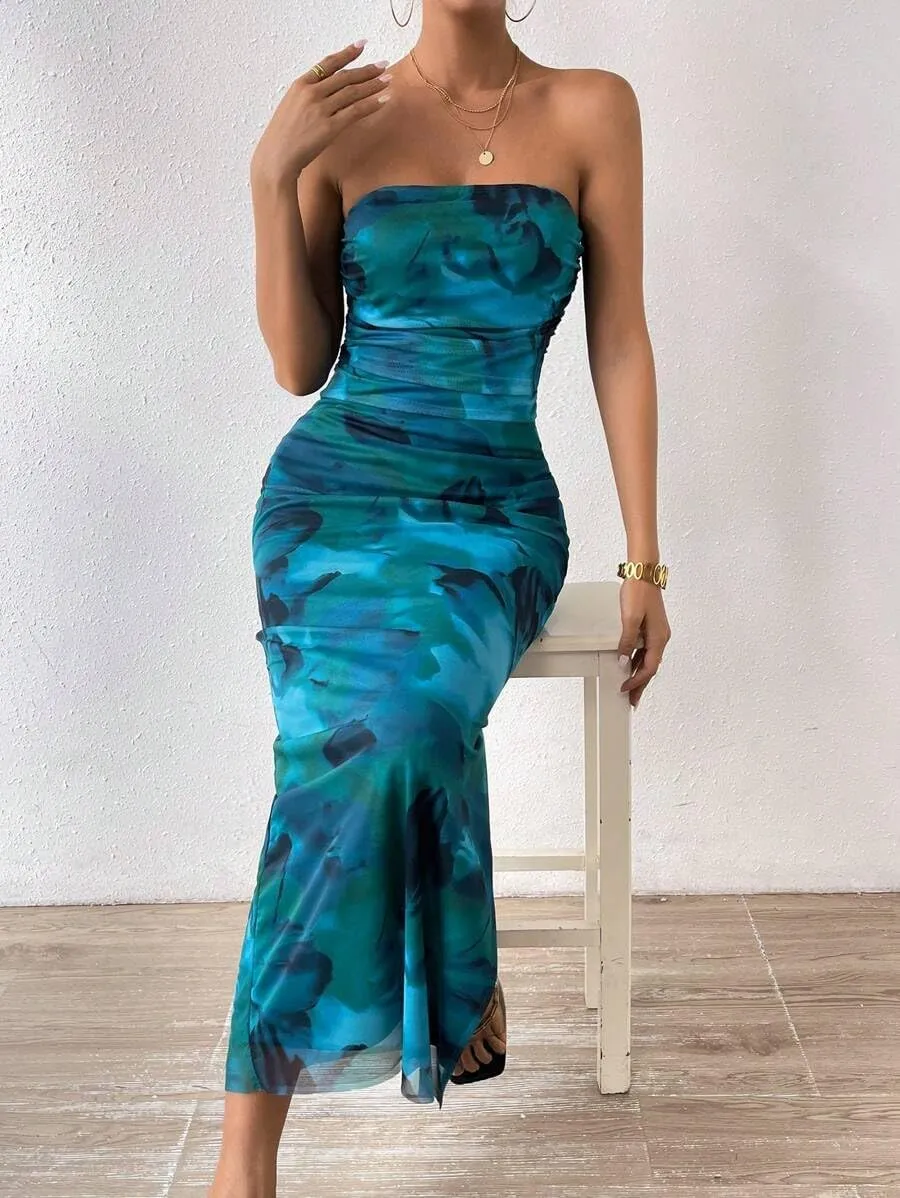 Women's Summer Dress Printed Strapless Tube Bodycon Maxi Side Slit Mesh Layered
