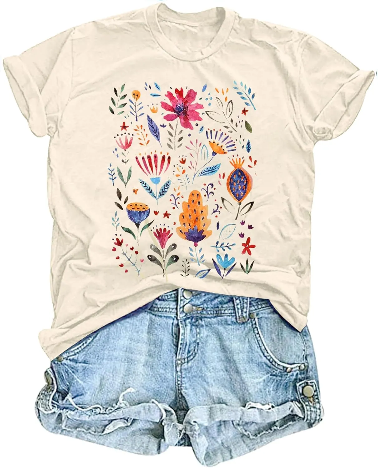Women's Vintage Floral T Shirt Boho Wildflower Graphic Loose Tees Short Sleeve Casual Tops