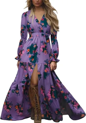 Women's Vintage Pastoral Flower Long Dress Sexy V-Neck Long Sleeve Boho Dresses Spring Summer Casual Maxi Dress