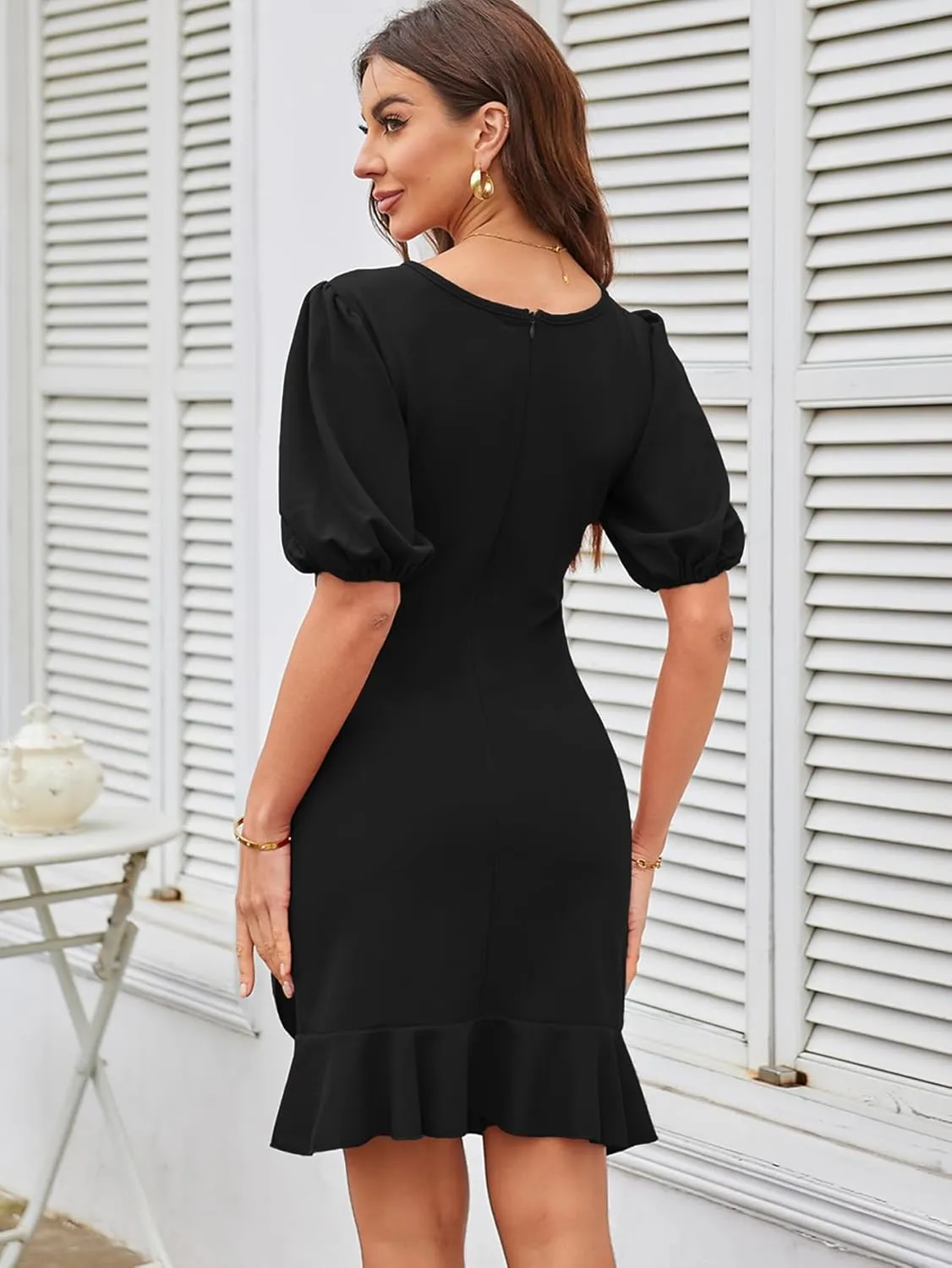 YNIQUE 2024 Women's Summer Dress Short Sleeves Bodycon Mini Dress Ruched Puff Sleeve Ruffle Hem Cocktail Party Dress