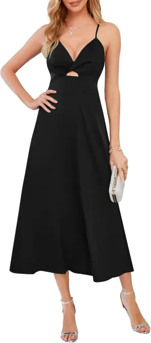 ZAFUL Women's Spaghetti Strap Floral Summer Hollow Twist Front Maxi Dresses Sexy Cutout V Neck Backless Vacation Dress