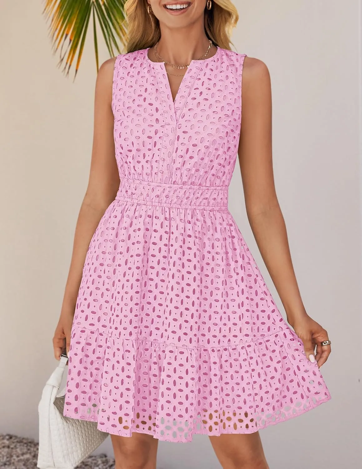 ZESICA Women's Summer Sleeveless Mini Dress V Neck Hollow Out Eyelet High Waist A Line Swing Short Party Dresses