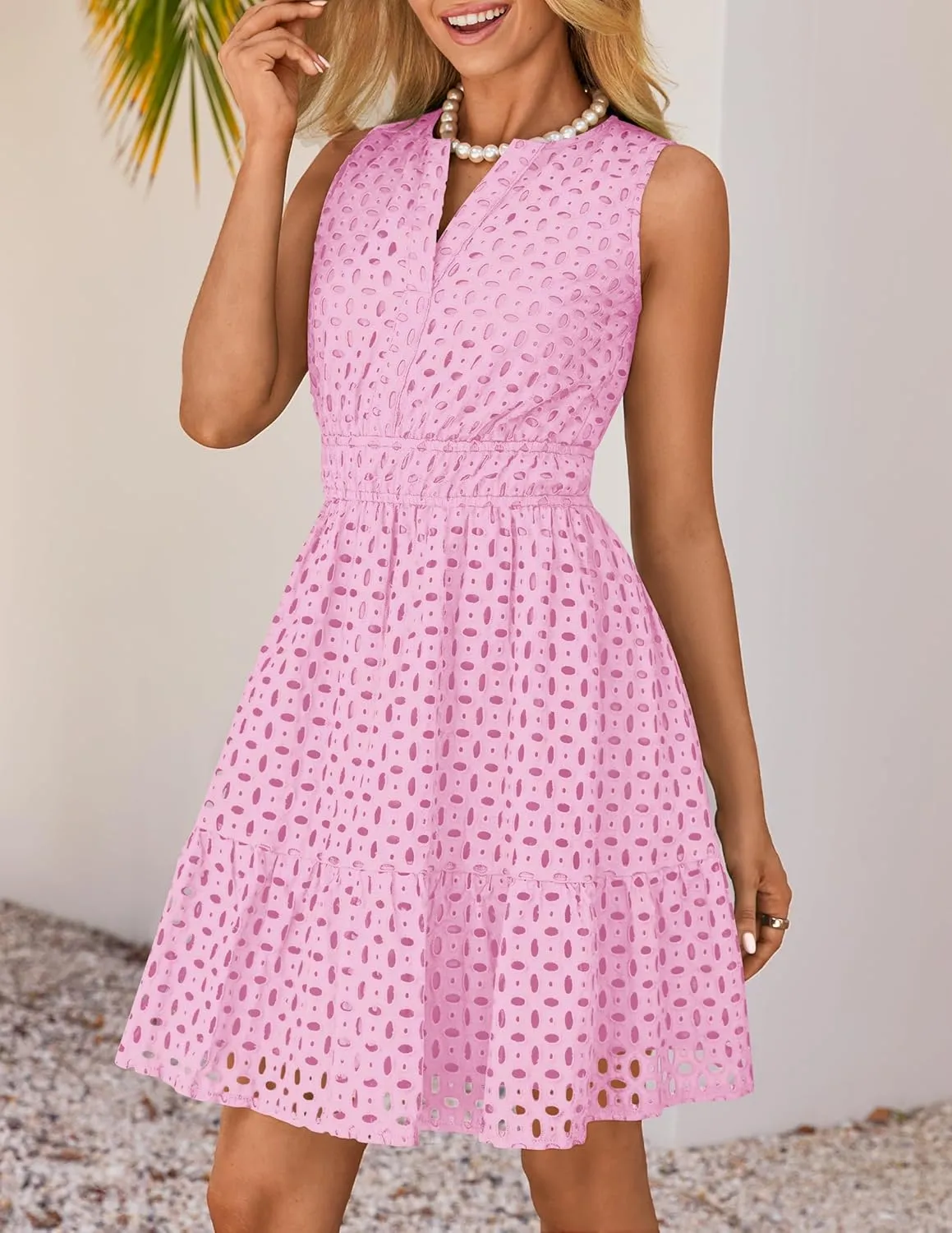 ZESICA Women's Summer Sleeveless Mini Dress V Neck Hollow Out Eyelet High Waist A Line Swing Short Party Dresses