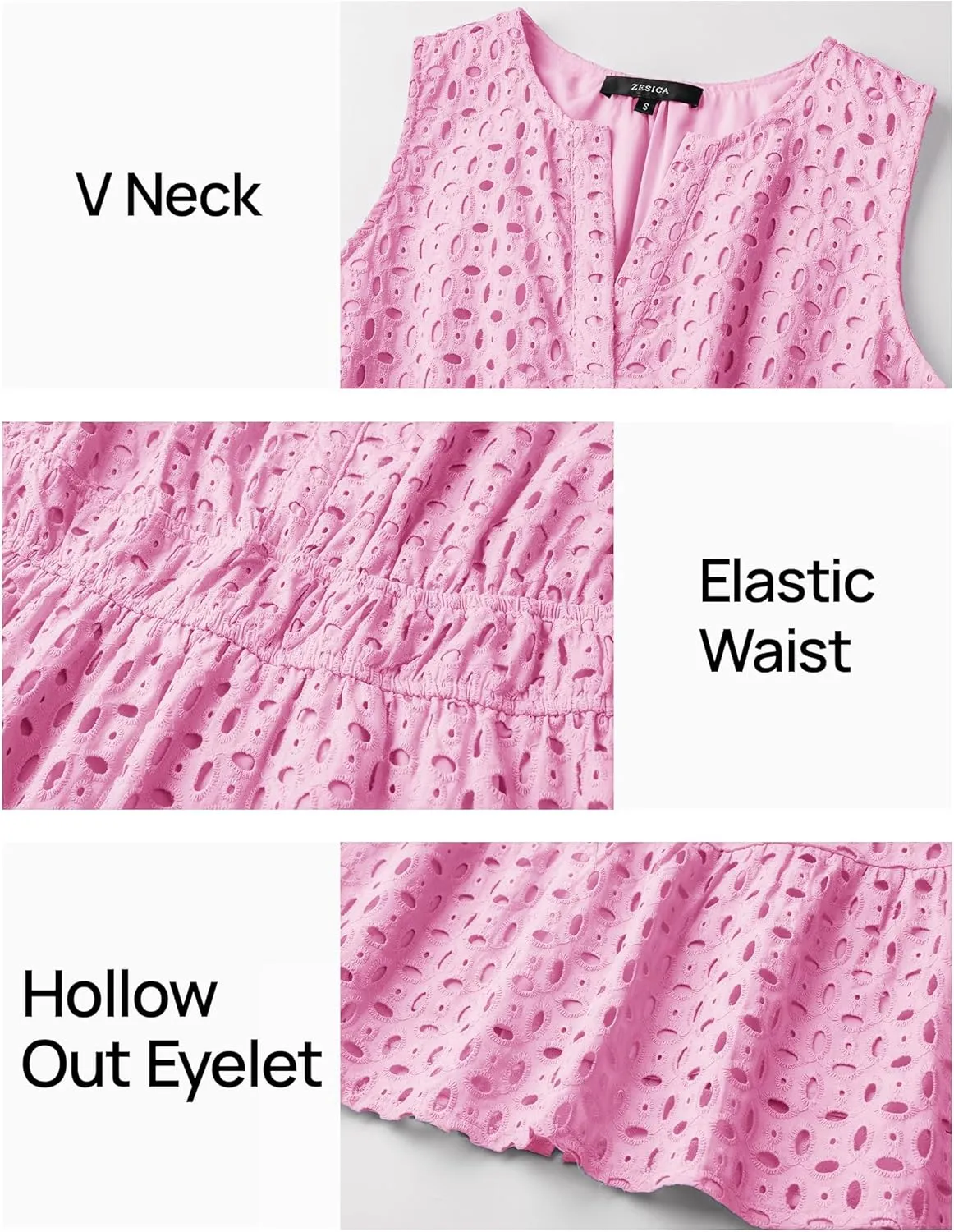 ZESICA Women's Summer Sleeveless Mini Dress V Neck Hollow Out Eyelet High Waist A Line Swing Short Party Dresses