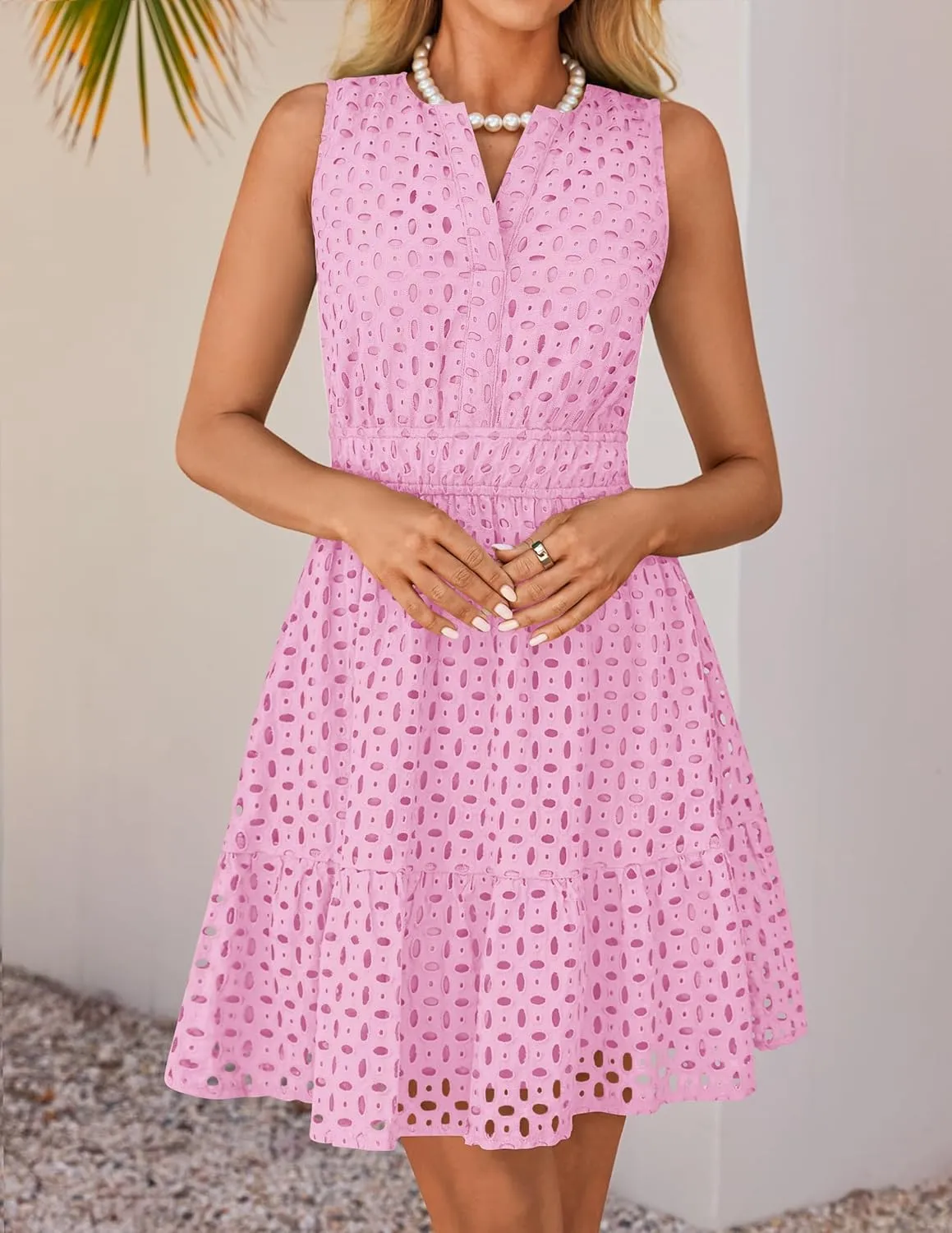 ZESICA Women's Summer Sleeveless Mini Dress V Neck Hollow Out Eyelet High Waist A Line Swing Short Party Dresses
