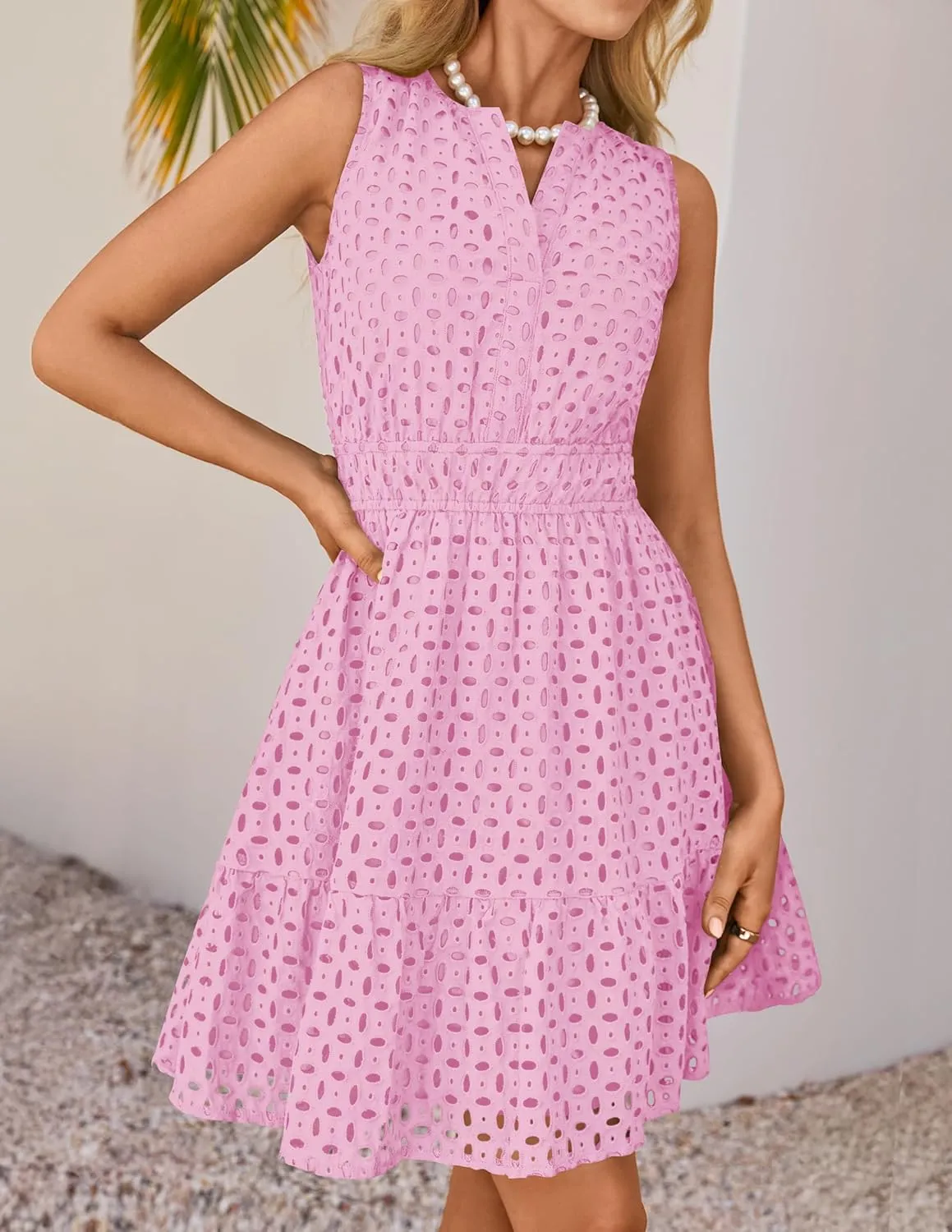 ZESICA Women's Summer Sleeveless Mini Dress V Neck Hollow Out Eyelet High Waist A Line Swing Short Party Dresses